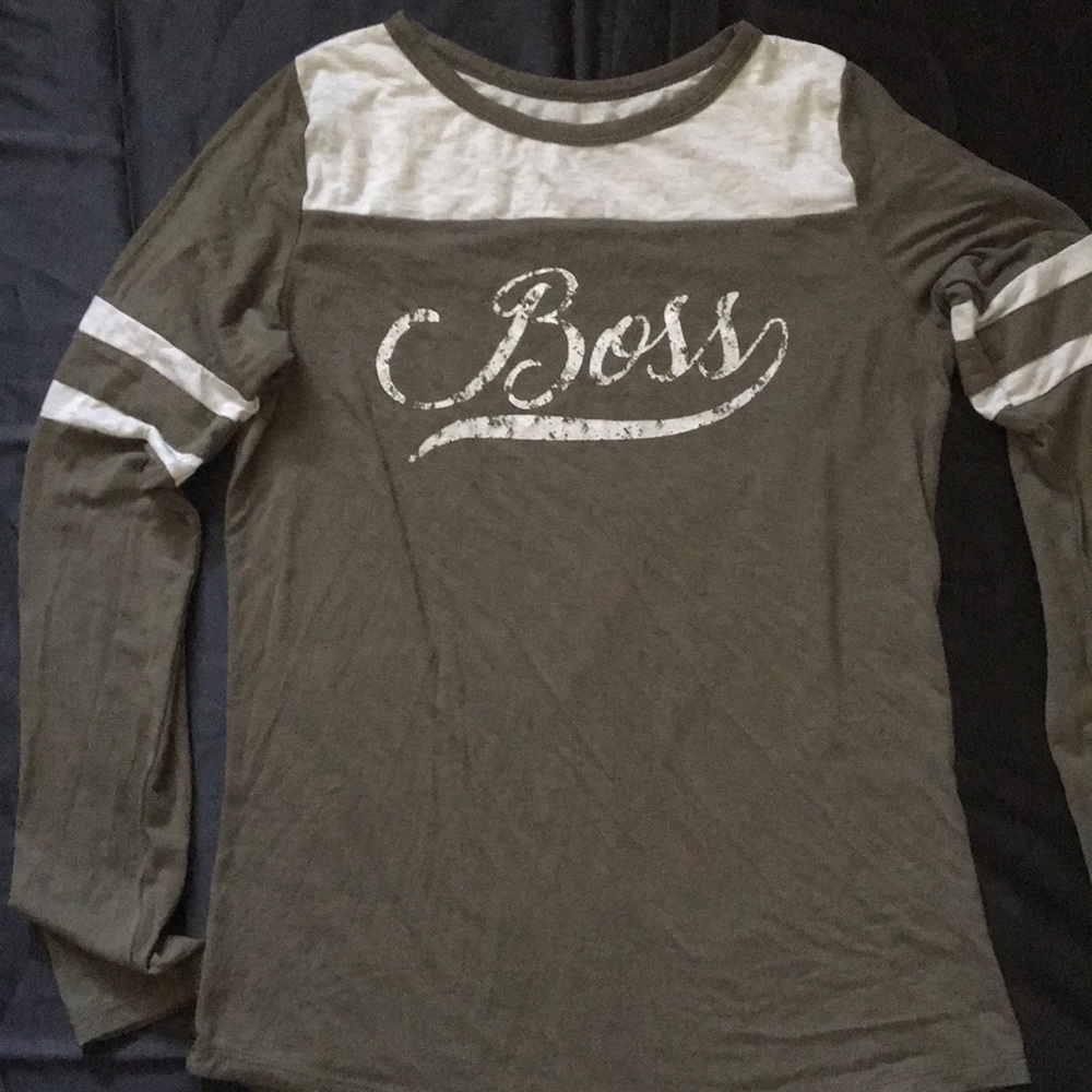 Long sleeved, olive green BOSS shirt